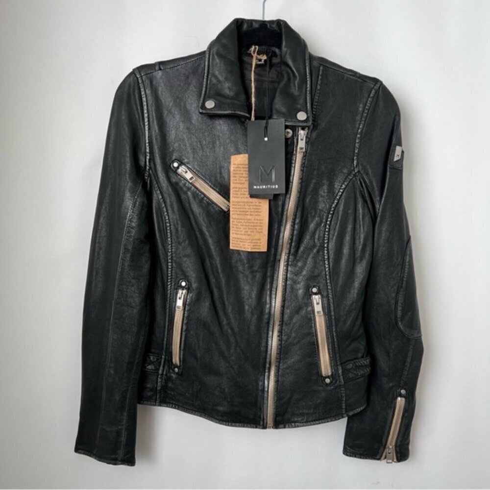 🩷 Mauritius, Women's Leather Jacket - Black. Size: 6 (US). NWT